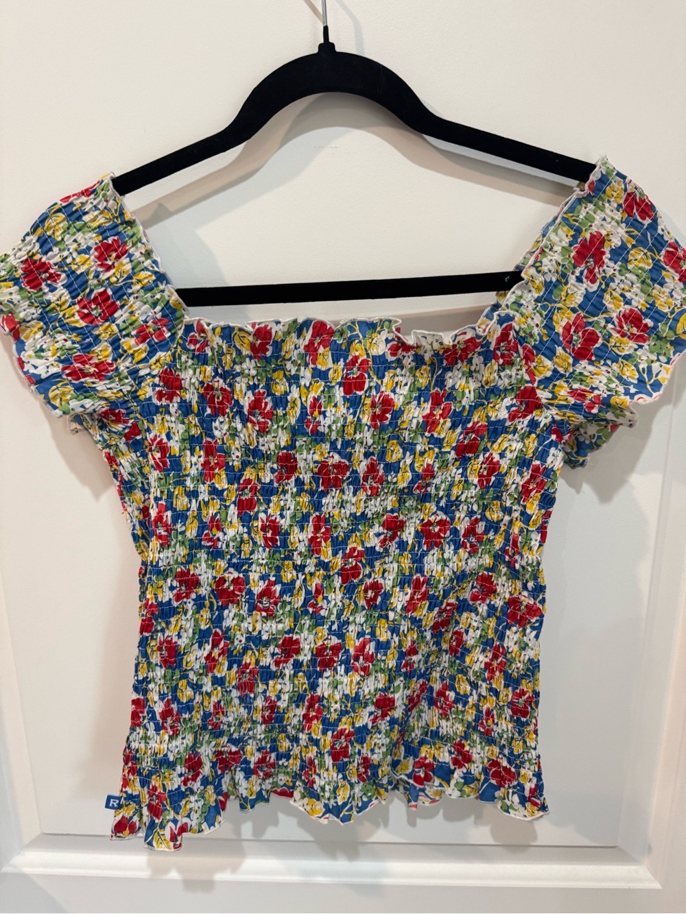 Ralph Lauren Floral Smocked Off-Shoulder Crop Top in Blue, Red & Yellow